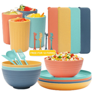 Noodle Home Round Rice Cereal Vertical Pattern Bowl Salad Gift Wheat Straw Dinnerware Set