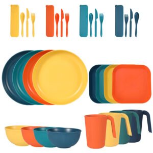 Customized Brand Logo Reusable Bowl and Plate Set BPA Free Eco-Friendly Wheat Straw Dinnerware Set