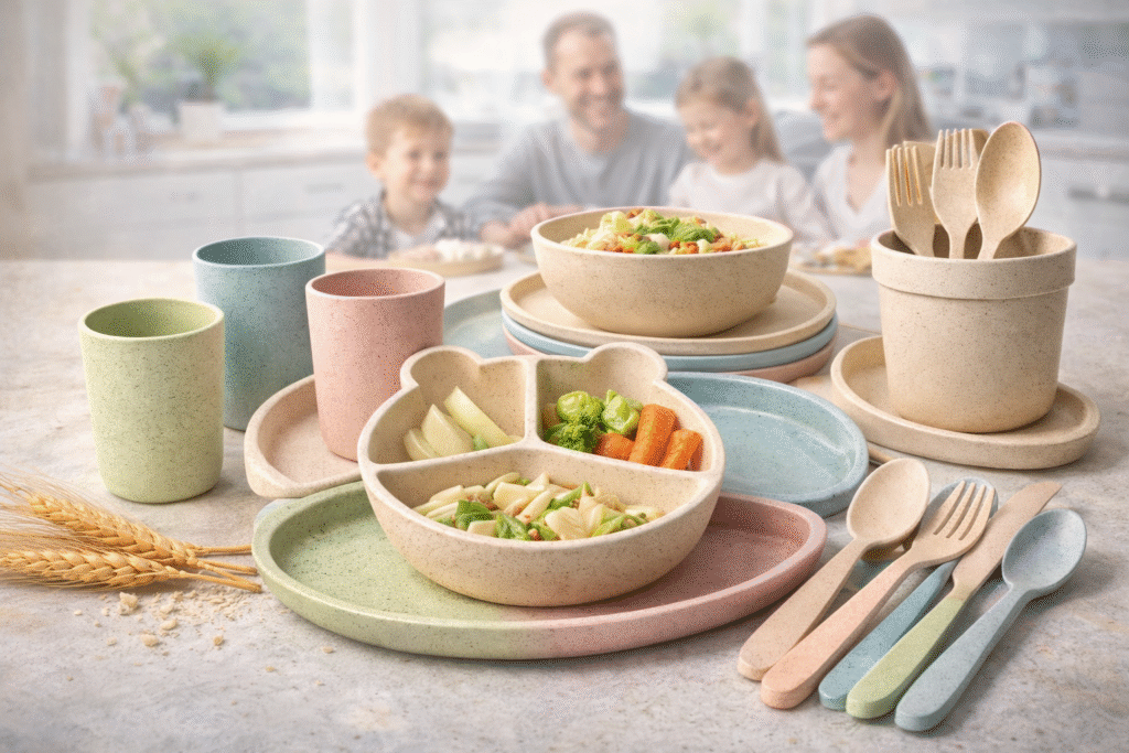 Family or kids-friendly wheat straw dinnerware set in soft pastel colors