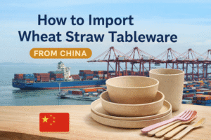 Wheat straw tableware set including plates, bowls, cup and cutlery with shipping port background illustrating how to import wheat straw tableware from China