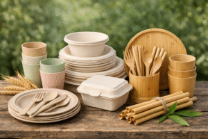 eco friendly tableware made from wheat straw bamboo and bagasse materials
